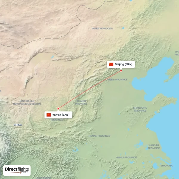 Yan'an - Beijing direct flight map