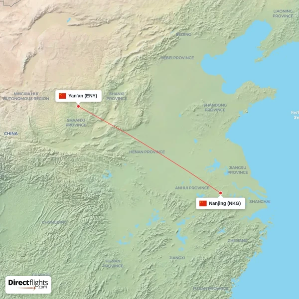 Yan'an - Nanjing direct flight map
