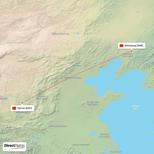 Yan'an - Shenyang direct flight map