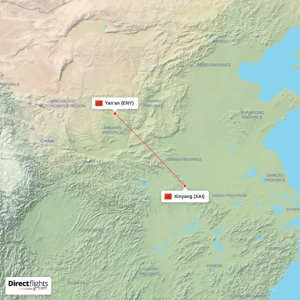 Yan'an - Xinyang direct flight map