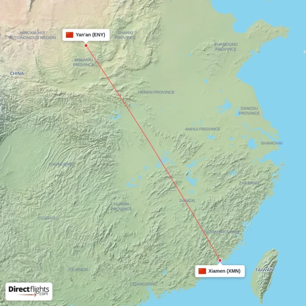 Yan'an - Xiamen direct flight map