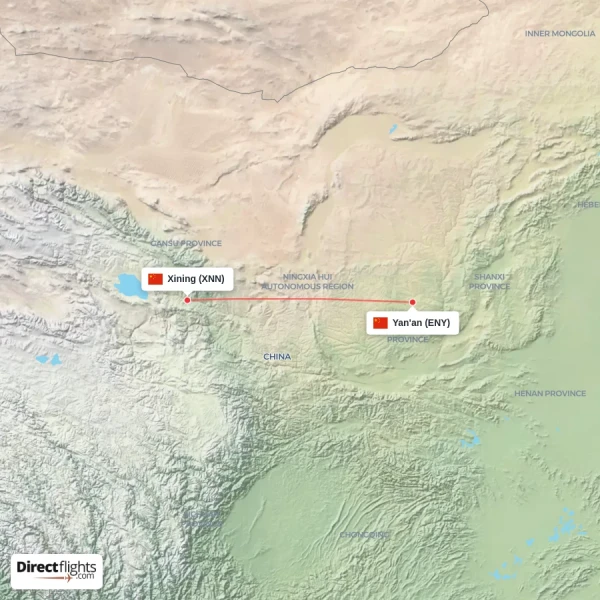 Yan'an - Xining direct flight map