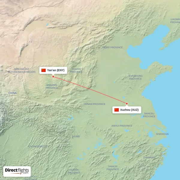 Yan'an - Xuzhou direct flight map