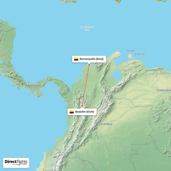 Medellin - Barranquilla direct flight map