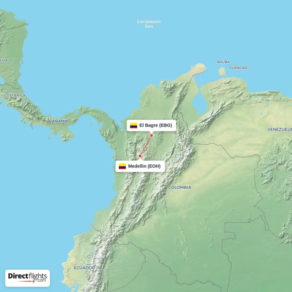 Medellin - El Bagre direct flight map