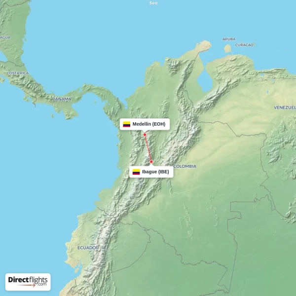 Medellin - Ibague direct flight map