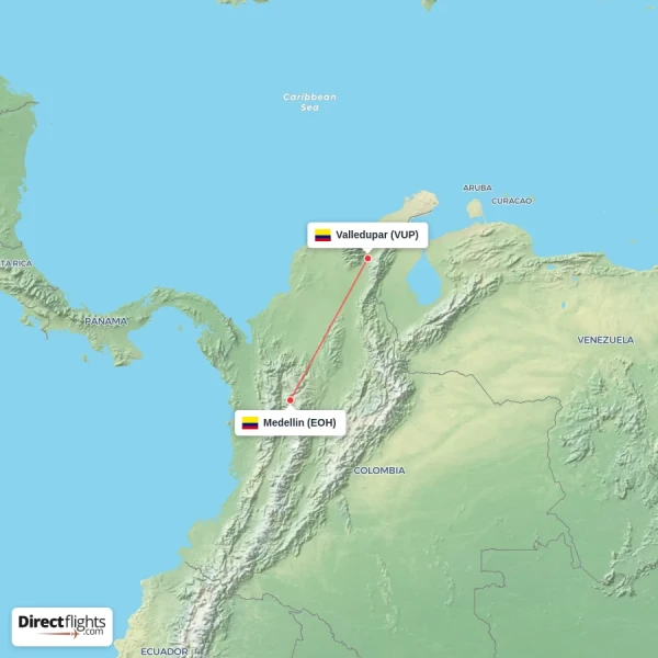 Medellin - Valledupar direct flight map
