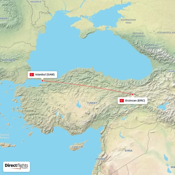 Erzincan - Istanbul direct flight map