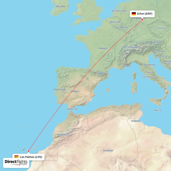 Erfurt - Las Palmas direct flight map