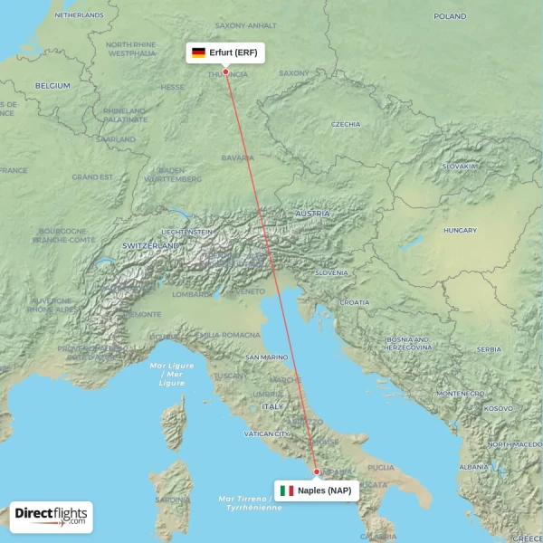 Erfurt - Naples direct flight map