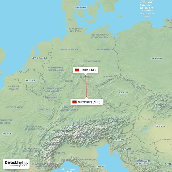 Erfurt - Nuremberg direct flight map