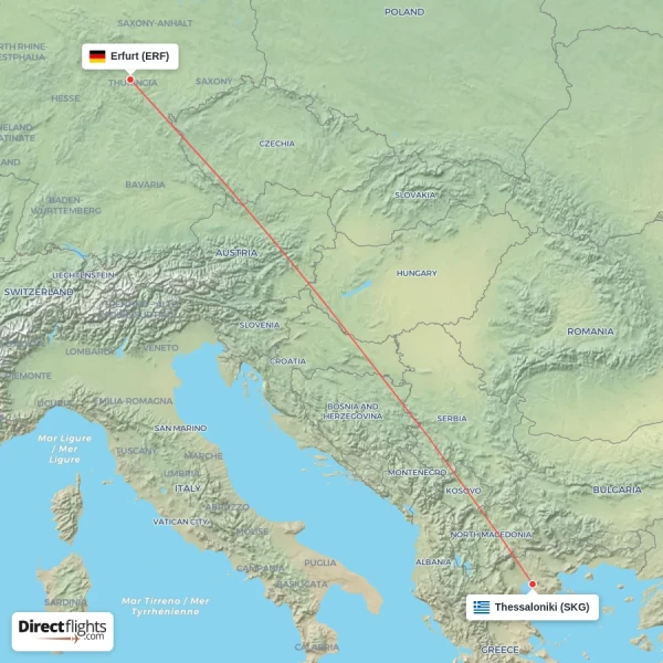 Erfurt - Thessaloniki direct flight map