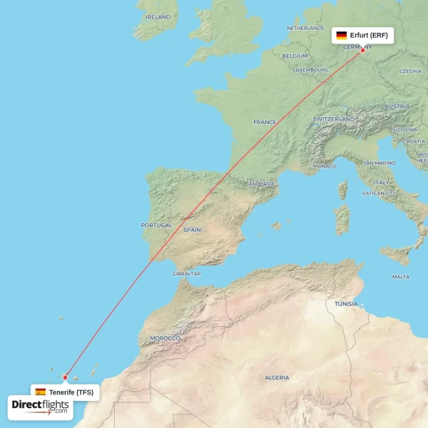 Erfurt - Tenerife direct flight map