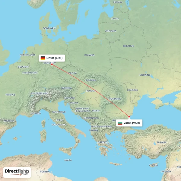 Erfurt - Varna direct flight map