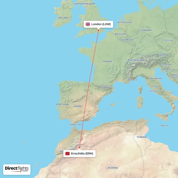 Errachidia - London direct flight map