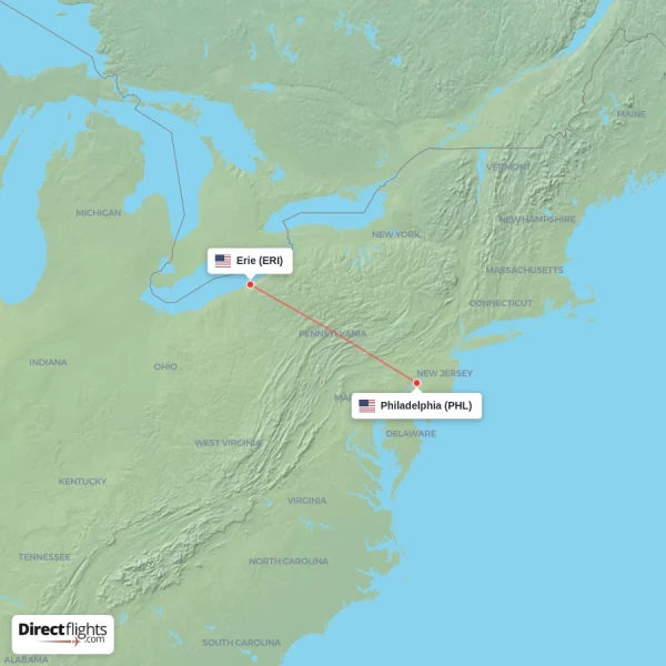 Erie - Philadelphia direct flight map
