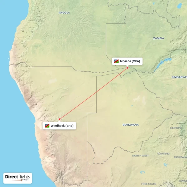 Windhoek - Mpacha direct flight map