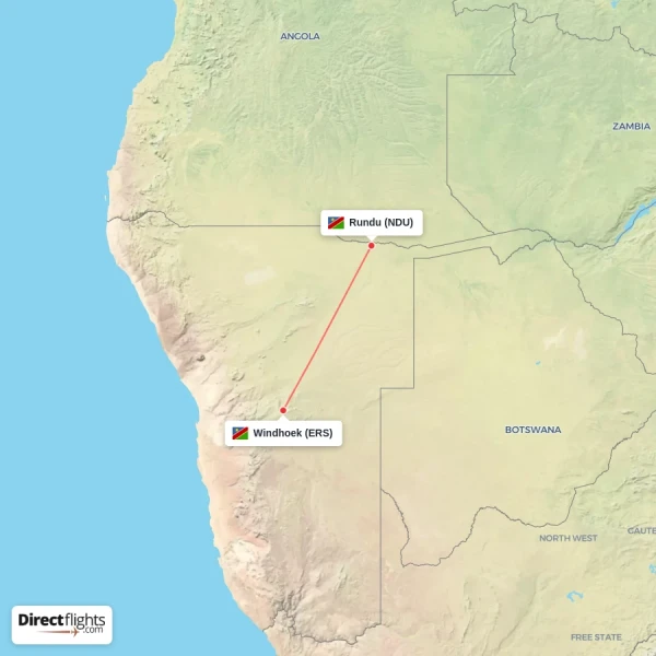 Windhoek - Rundu direct flight map