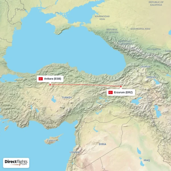 Erzurum - Ankara direct flight map