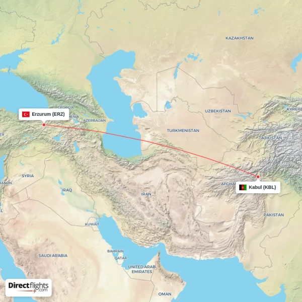 Erzurum - Kabul direct flight map