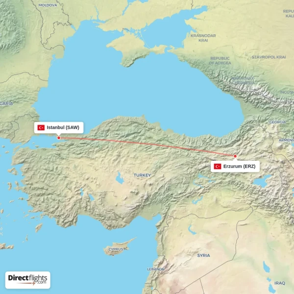 Erzurum - Istanbul direct flight map