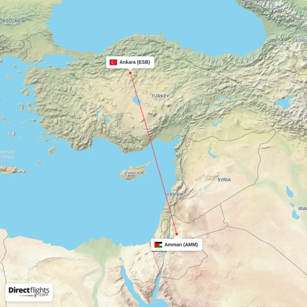 Ankara - Amman direct flight map