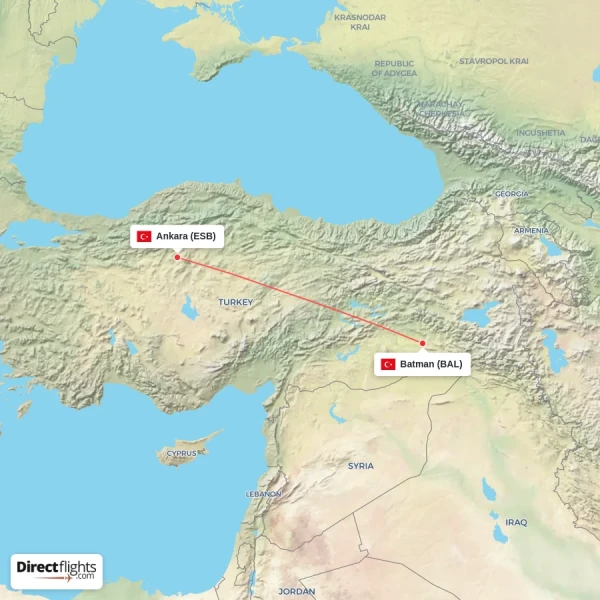 Ankara - Batman direct flight map