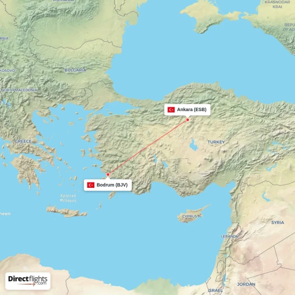 Ankara - Bodrum direct flight map