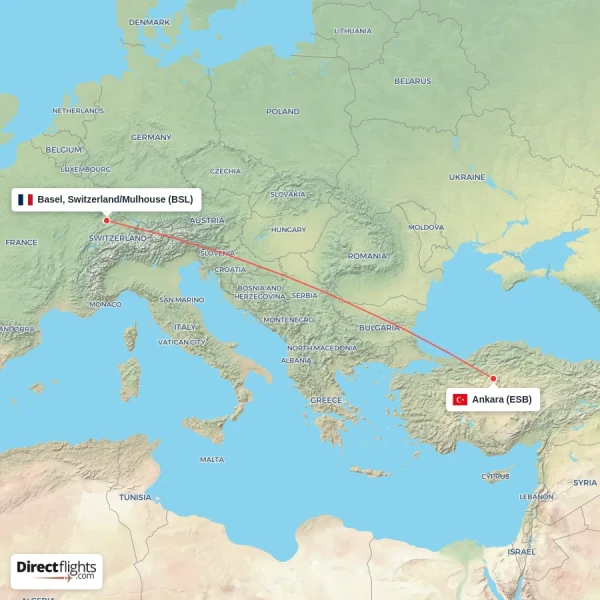 Ankara - Basel, Switzerland/Mulhouse direct flight map