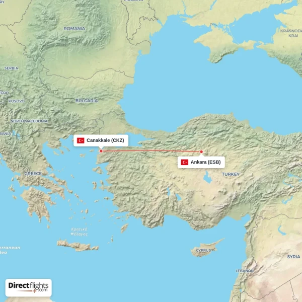Ankara - Canakkale direct flight map