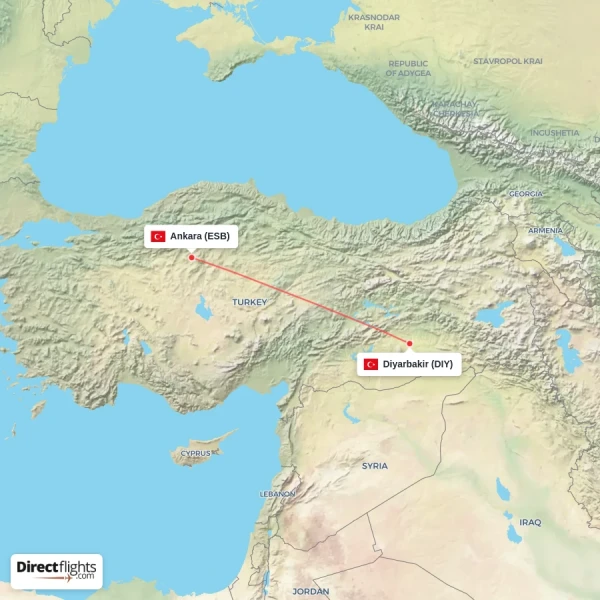 Ankara - Diyarbakir direct flight map