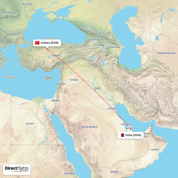 Ankara - Doha direct flight map