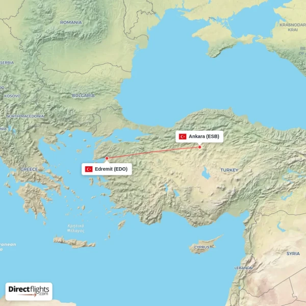Ankara - Edremit direct flight map