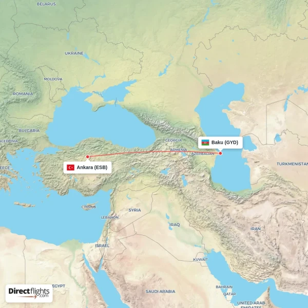 Ankara - Baku direct flight map