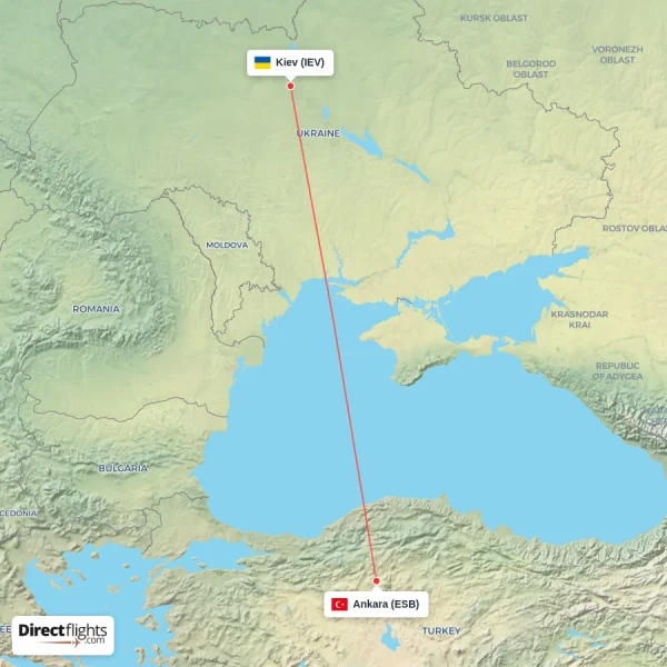 Ankara - Kiev direct flight map
