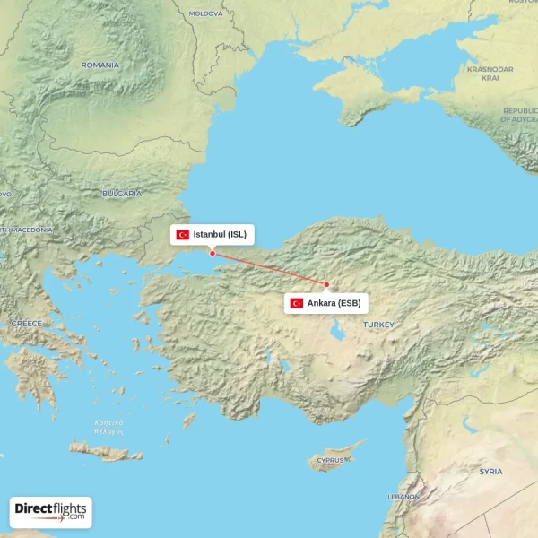 Ankara - Istanbul direct flight map