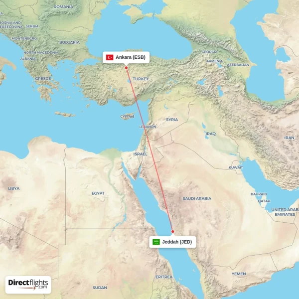 Ankara - Jeddah direct flight map