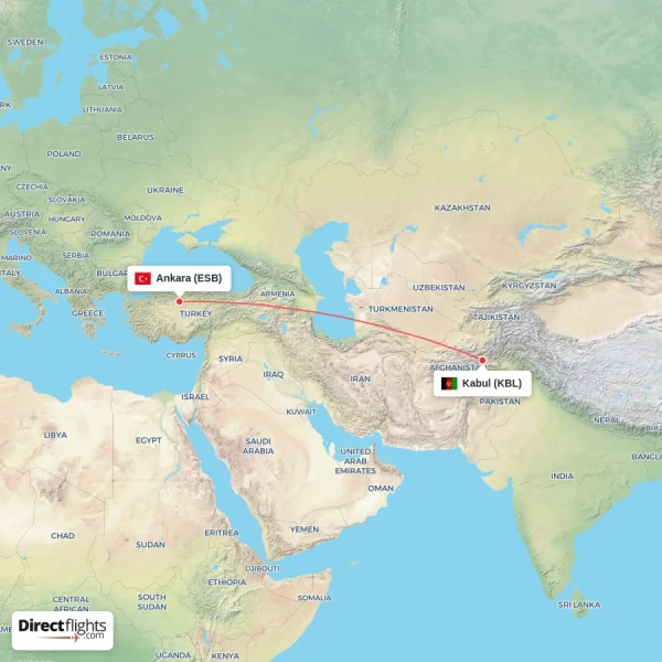 Ankara - Kabul direct flight map