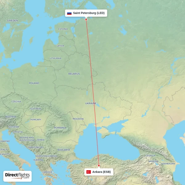 Ankara - Saint Petersburg direct flight map