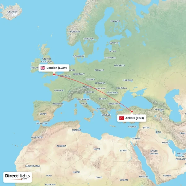 Ankara - London direct flight map