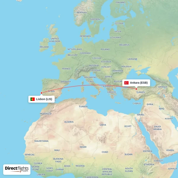 Ankara - Lisbon direct flight map