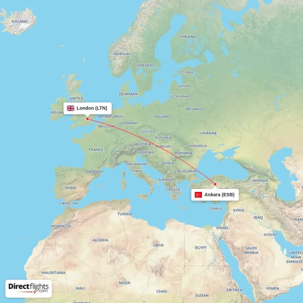 Ankara - London direct flight map