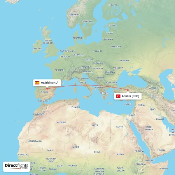 Ankara - Madrid direct flight map