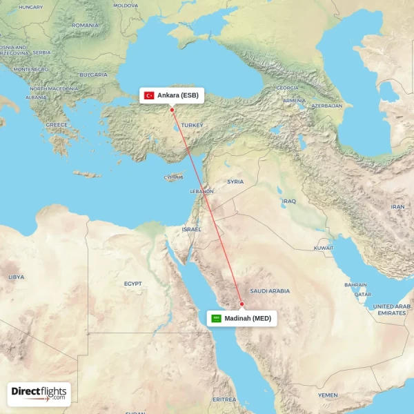 Ankara - Madinah direct flight map