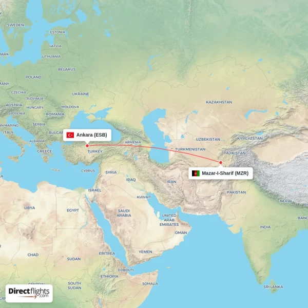 Ankara - Mazar-I-Sharif direct flight map