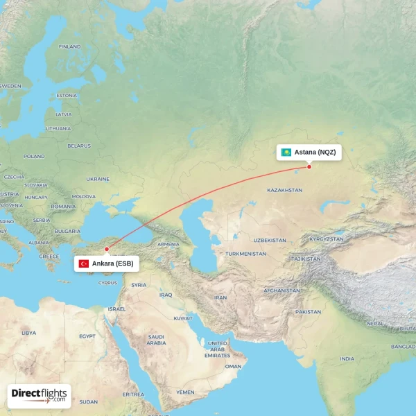 Ankara - Astana direct flight map