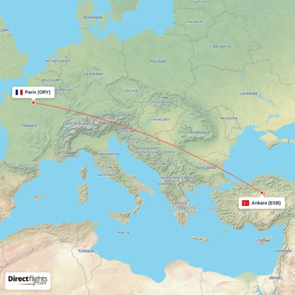 Ankara - Paris direct flight map