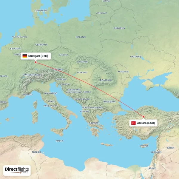 Ankara - Stuttgart direct flight map