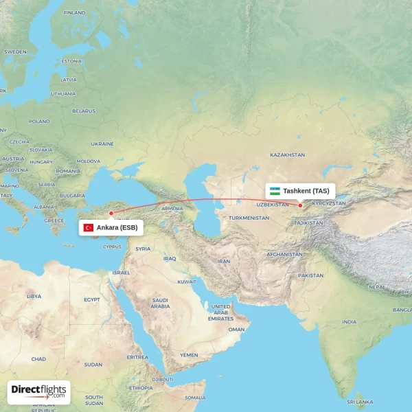 Ankara - Tashkent direct flight map