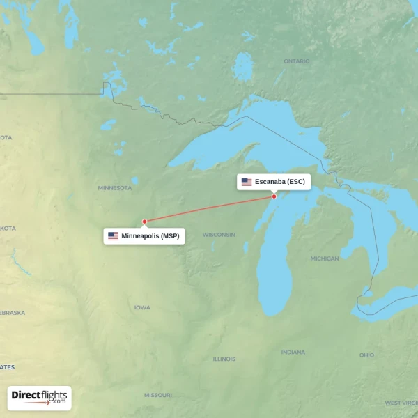 Escanaba - Minneapolis direct flight map